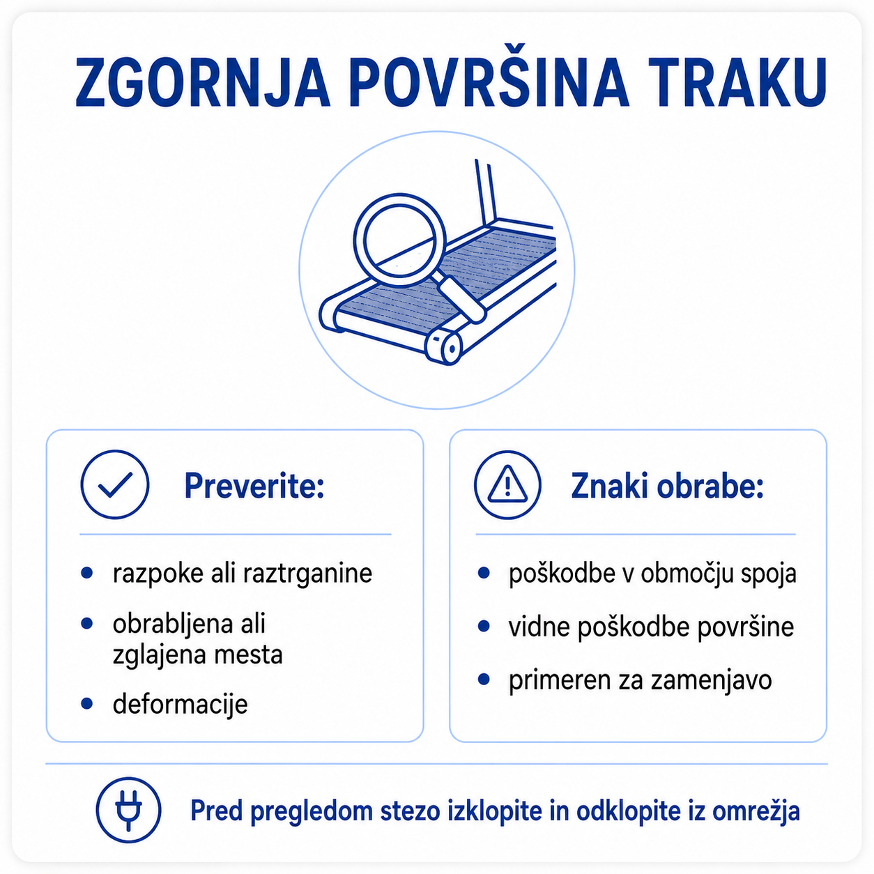 Pregled zgornje površine traku za tekalno stezo zaradi razpok in obrabe