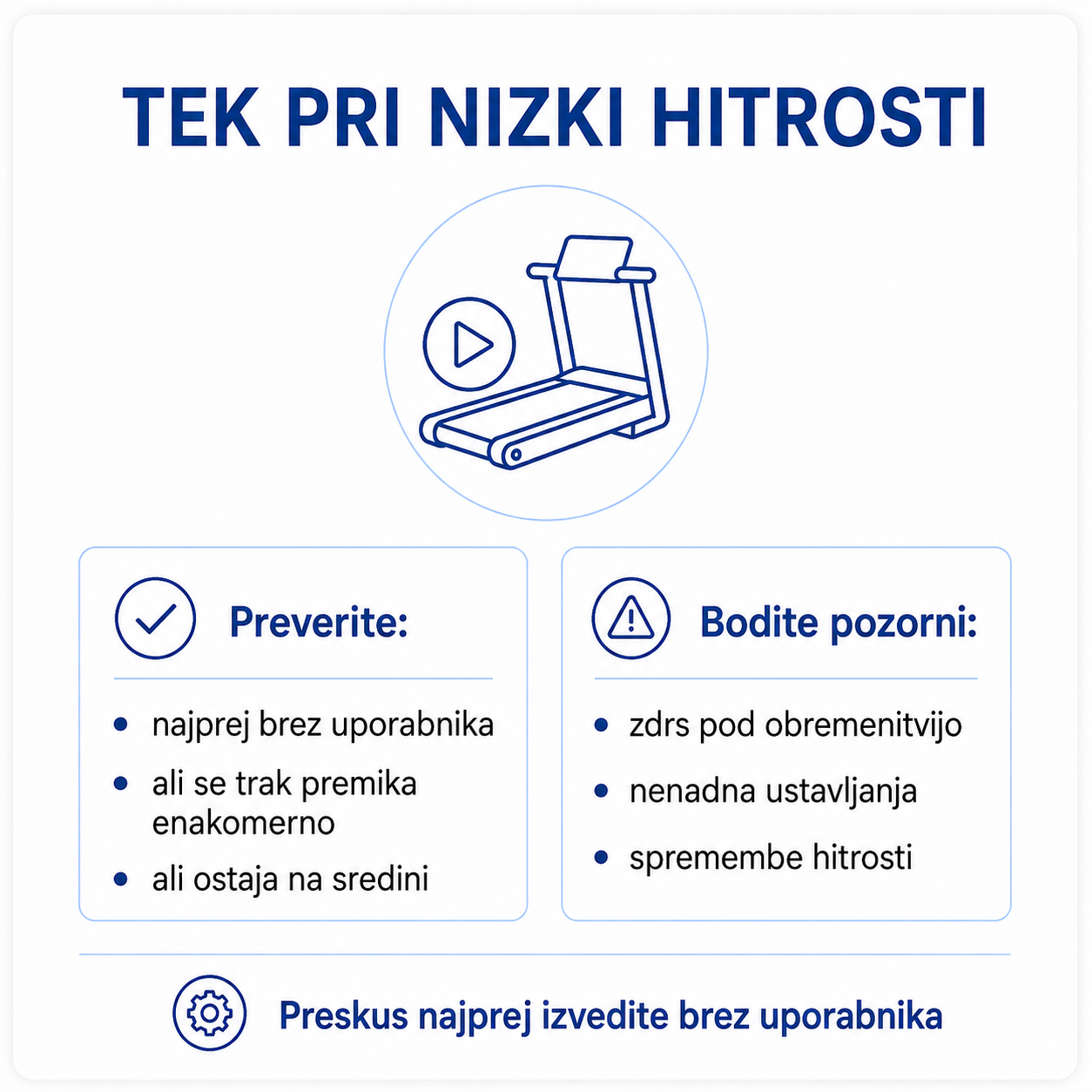 Preskus premikanja traku za tekalno stezo pri nizki hitrosti brez uporabnika