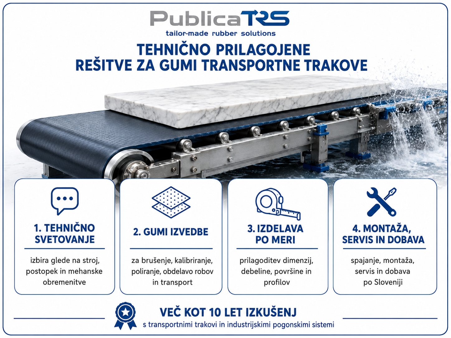 Tehnično prilagojene rešitve za GUMI transportne trakove za obdelavo kamna – svetovanje, dobava, izdelava po meri, spajanje, montaža in servis