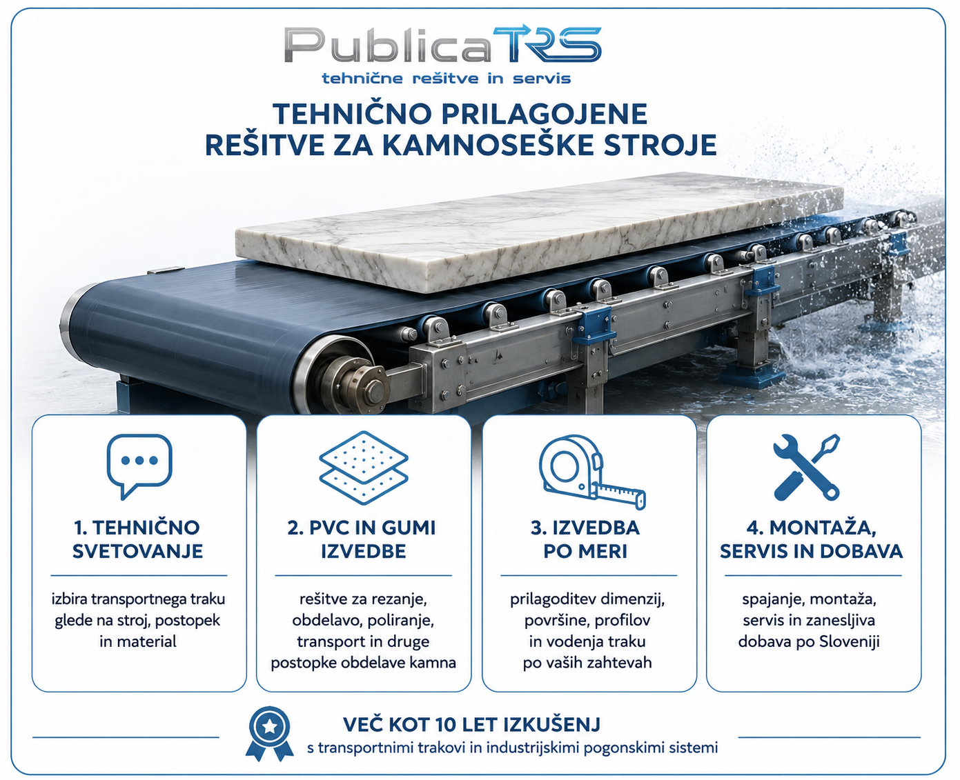 Tehnično prilagojene rešitve za stroje za obdelavo kamna – svetovanje, PVC in GUMI transportni trakovi, izdelava po meri, montaža, servis in dobava
