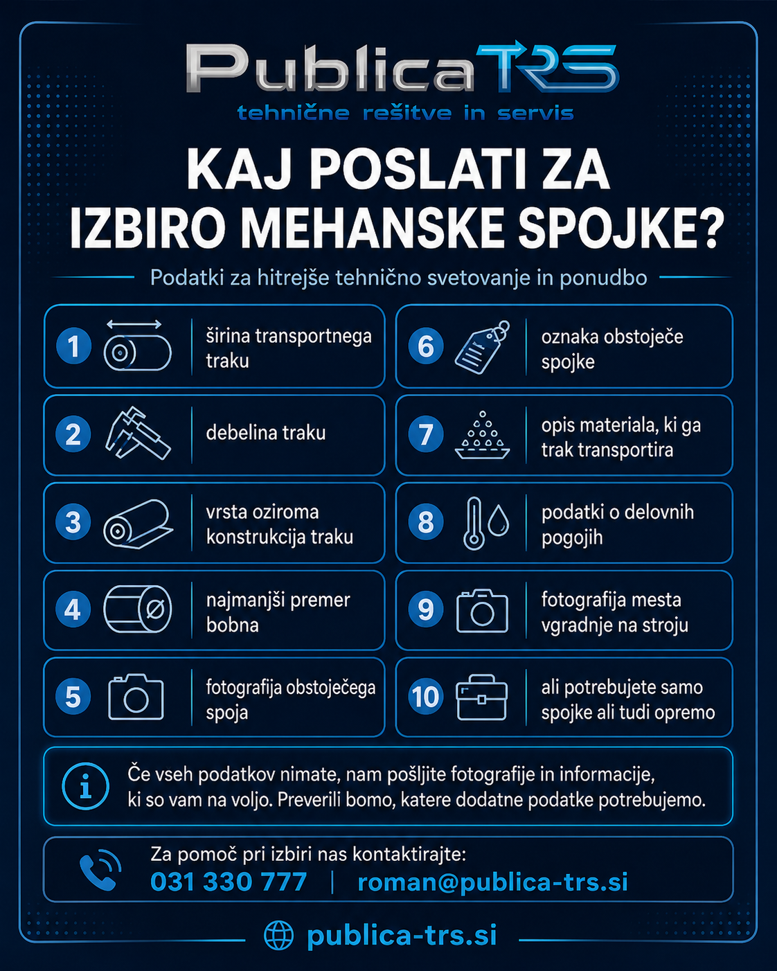 Podatki in fotografije za izbiro mehanske spojke za transportni trak
